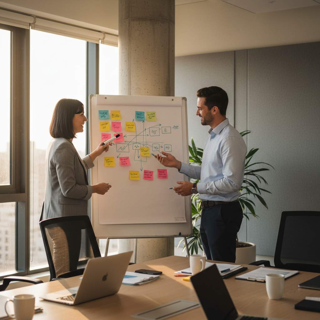 Advisor and business owner planning growth strategy in a Parramatta meeting room as part of business advisory services