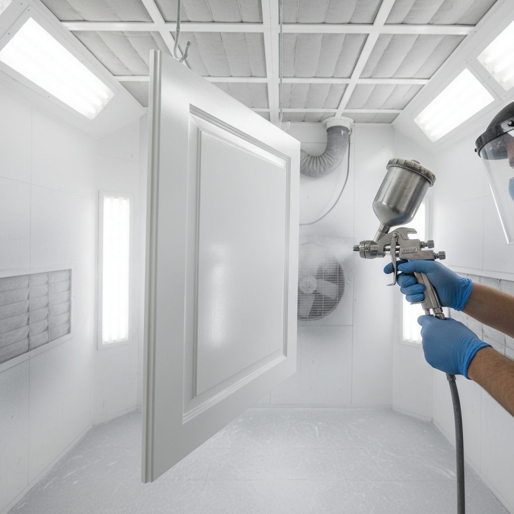HVLP spray application on a kitchen cabinet door inside a pro booth for a durable Behr Kitchen & Bath finish