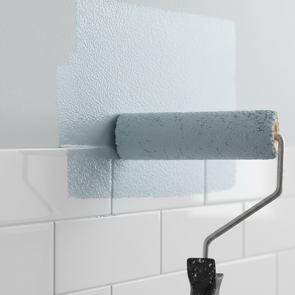 Close-up of roller applying Behr Kitchen & Bath paint with smooth satin film beside glossy tile in a Toronto bathroom