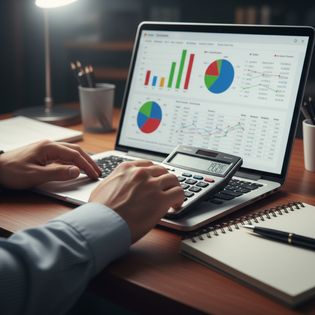 Close-up of cash flow forecast on laptop with charts used in business advisory services