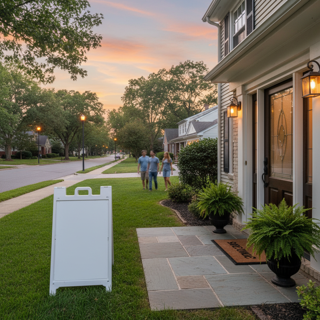 Front porch with a blank A-frame open house sign staged at the entrance, illustrating final-approach placement best practices for agents