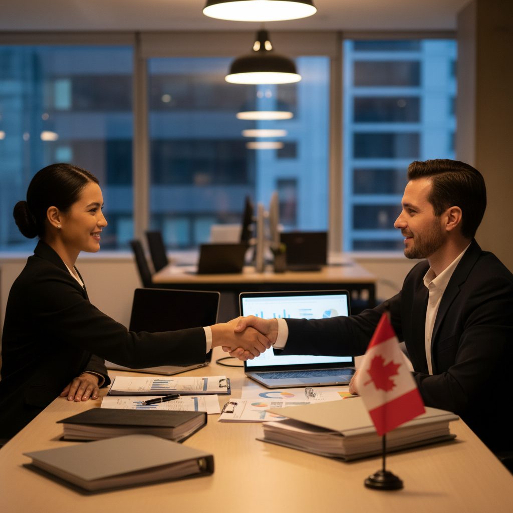 Procurement meeting scene in Canada with vendors reviewing a capability statement and shaking hands after evaluation