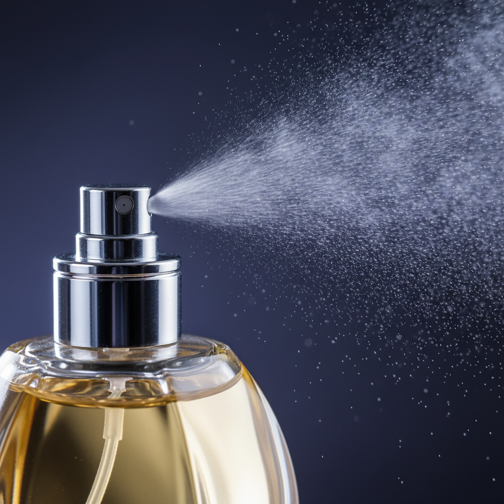 Close-up of a perfume atomizer spraying mist, illustrating how eau de parfum diffusion works for women