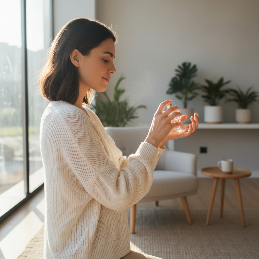 Woman applying eau de parfum on wrists near a window, demonstrating best practices for women’s fragrance application