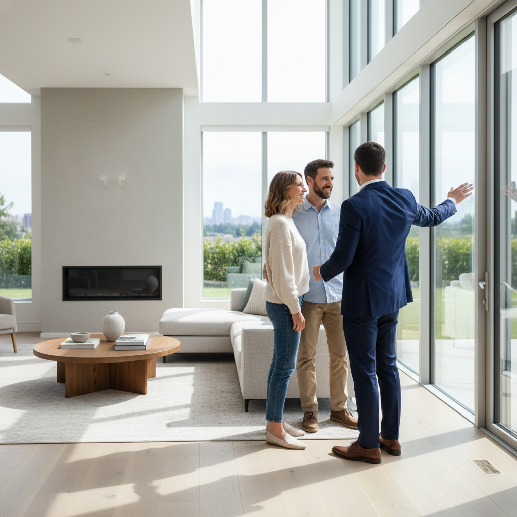 Brampton homeowners touring a bright living room with their agent as part of a pre-listing strategy aligned to valuation