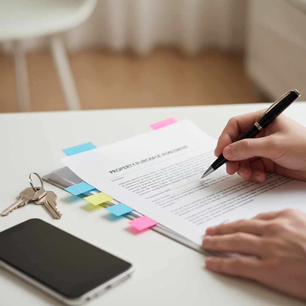 Detail shot of a property purchase agreement being reviewed during a property transaction workflow