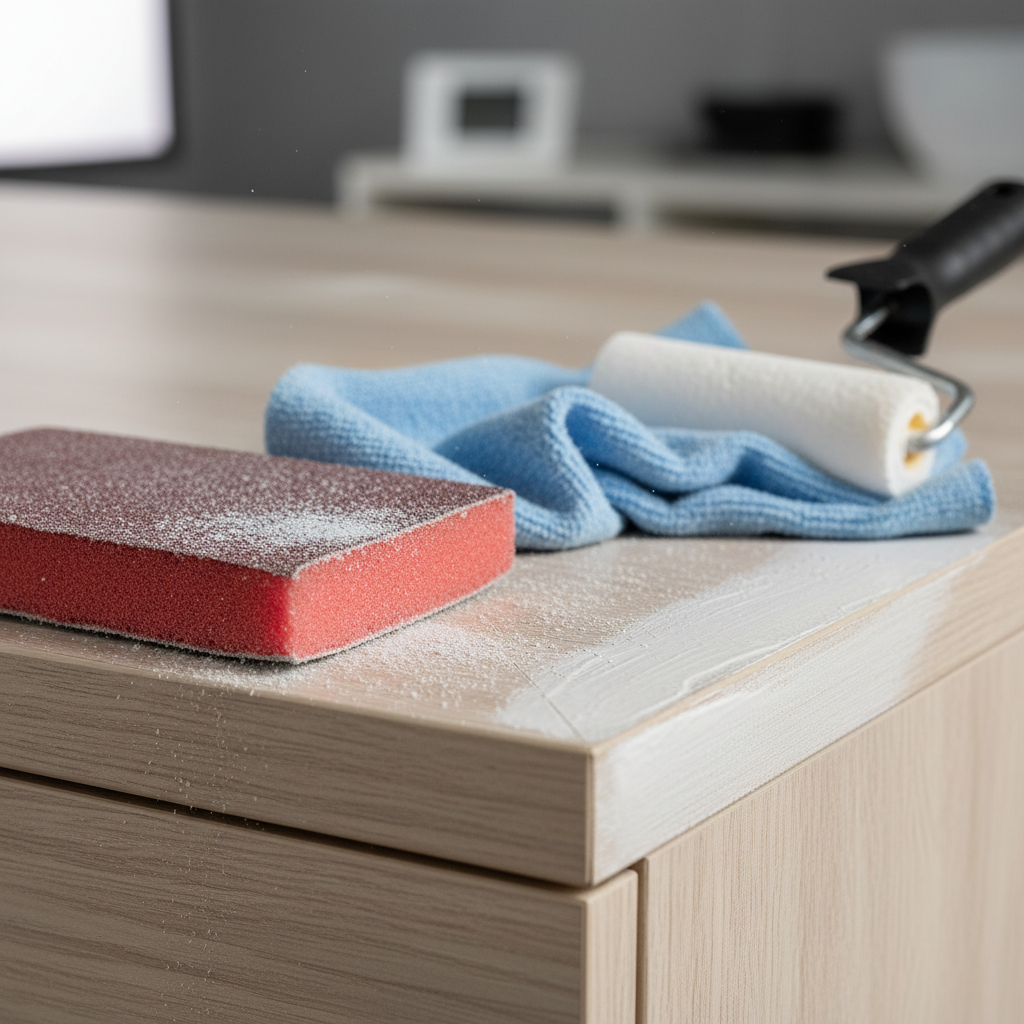 Close-up of sanding and priming a laminate IKEA cabinet door for painting with bonding primer and 220-grit scuff sanding