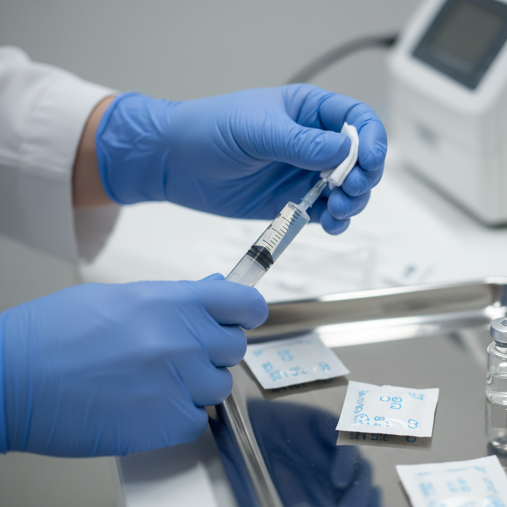 Detail shot of Sublocade-style subcutaneous injection preparation by a clinician, supporting a safe Sublocade to Suboxone switch