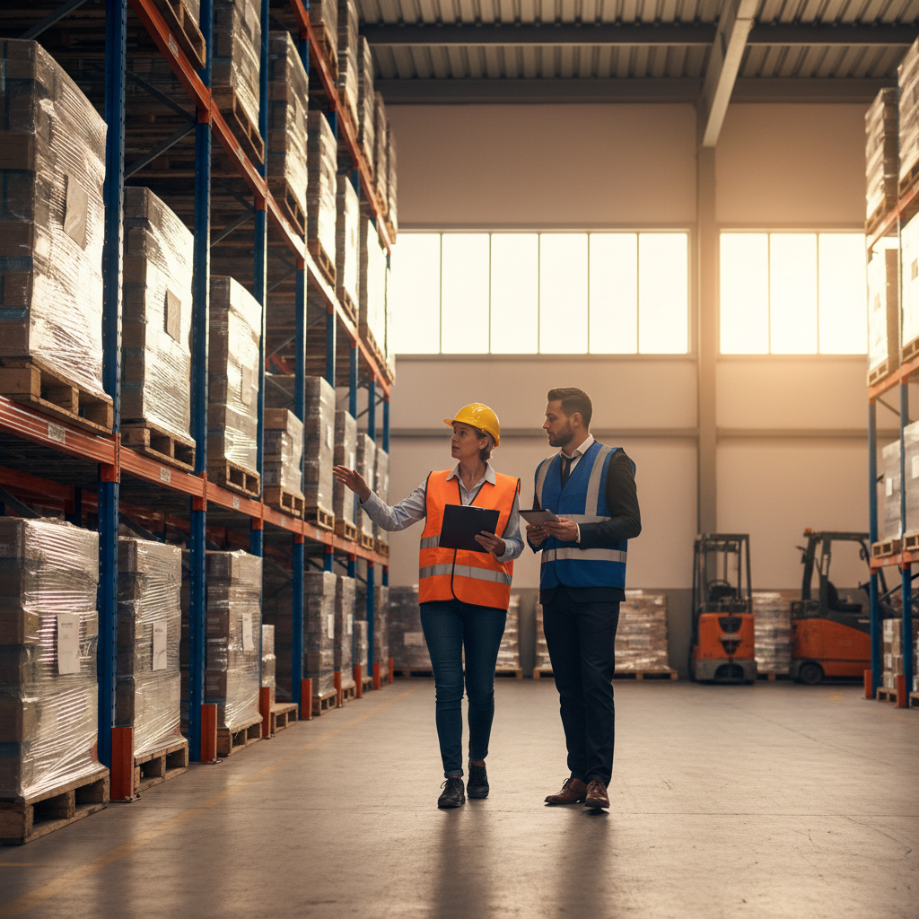 Warehouse manager walking with an insurance broker reviewing coverage for logistics and cargo in Ontario
