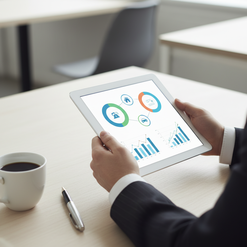 Close-up of broker reviewing business insurance coverage options on a tablet for Ontario SMBs