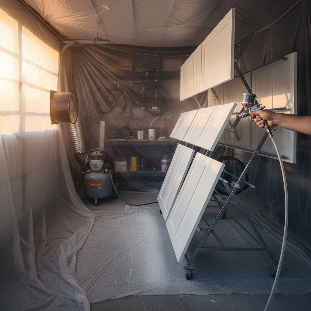 HVLP spraying of IKEA cabinet doors on a drying rack in a garage setup with proper ventilation and even coat