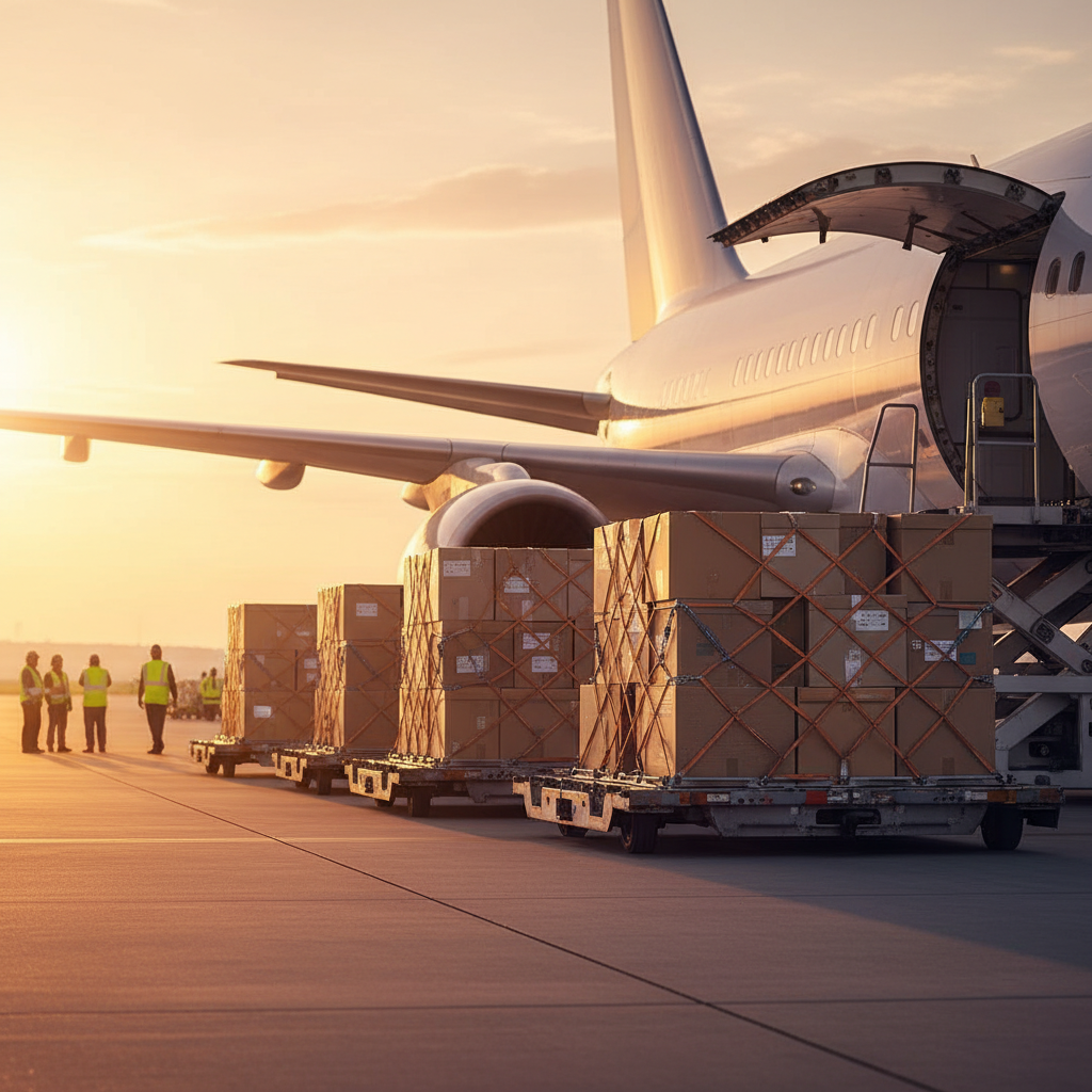 Air freight scene for international moving services from Dubai: cargo pallets netted near aircraft cargo hold at sunset
