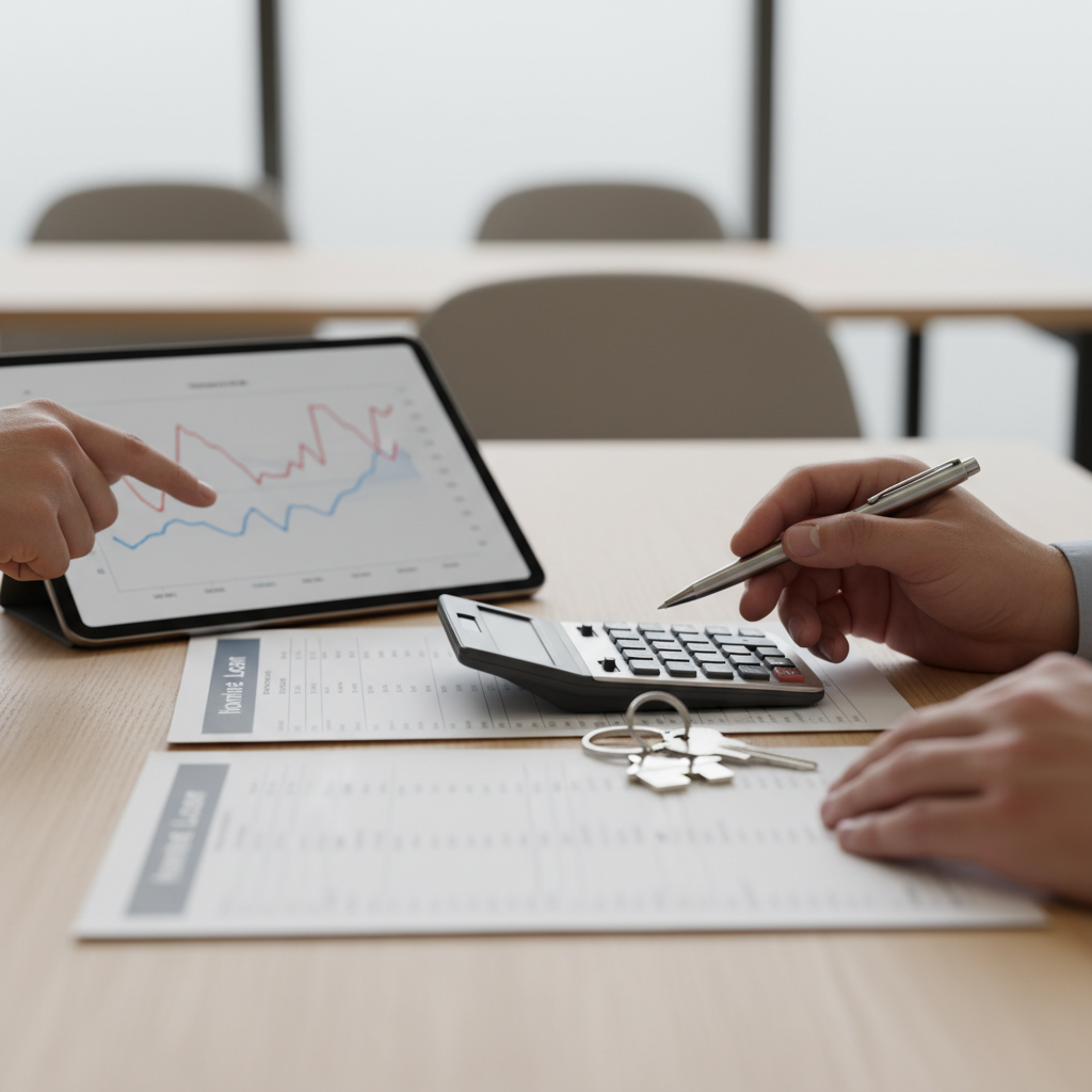 Close-up of hands organizing mortgage documents, calculator, and house keys while comparing home loans