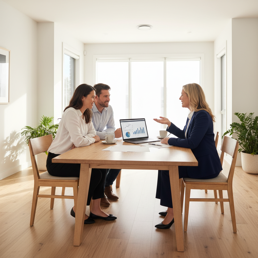 Australian couple meeting a mortgage broker to compare home loans and refinancing options