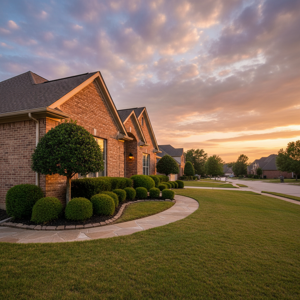 Golden-hour exterior of a tidy suburban brick home in Brampton prepared for listing