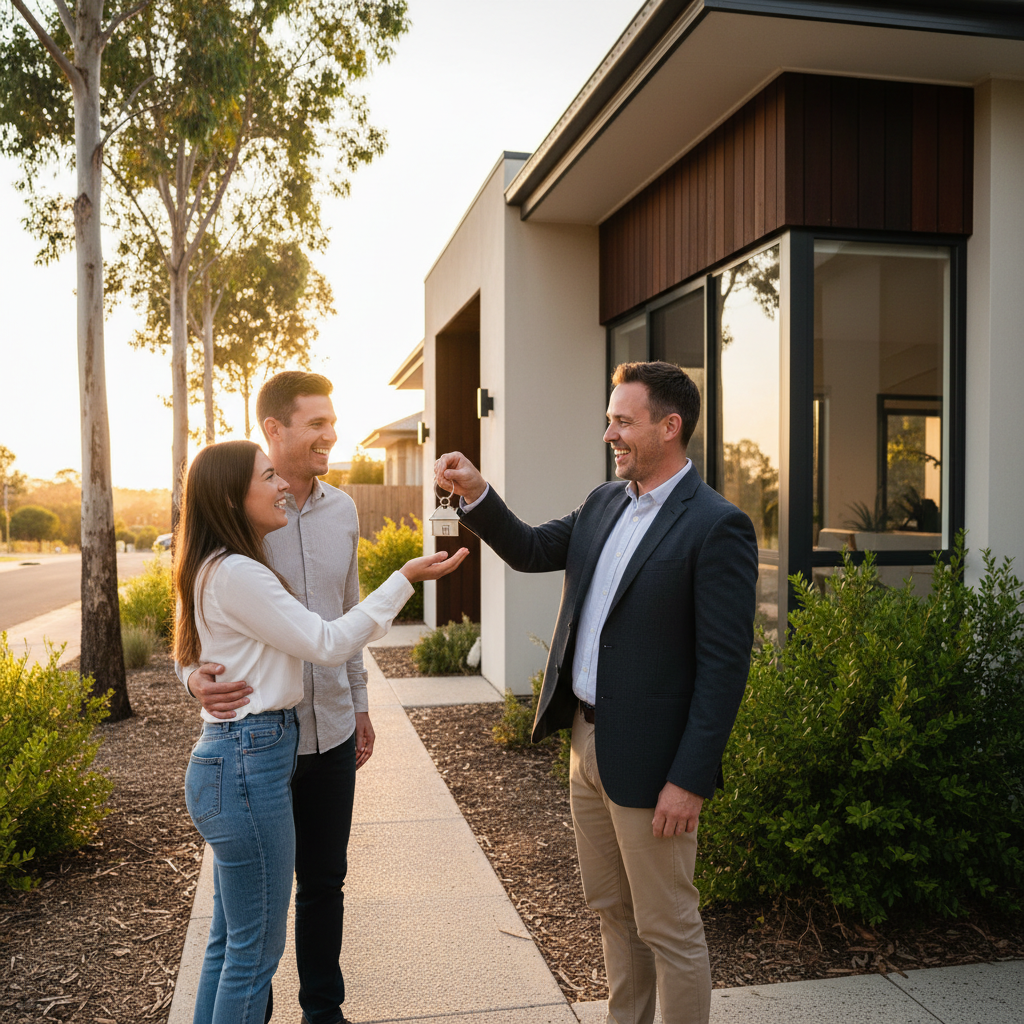 New homeowners receiving keys in front of a modern Australian home at sunset after broker-assisted mortgage approval