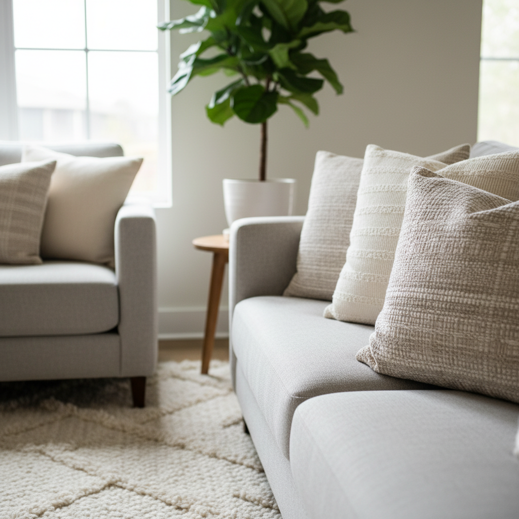 Home staging close-up with neutral pillows, green plant, and textured rug for Brampton home sellers
