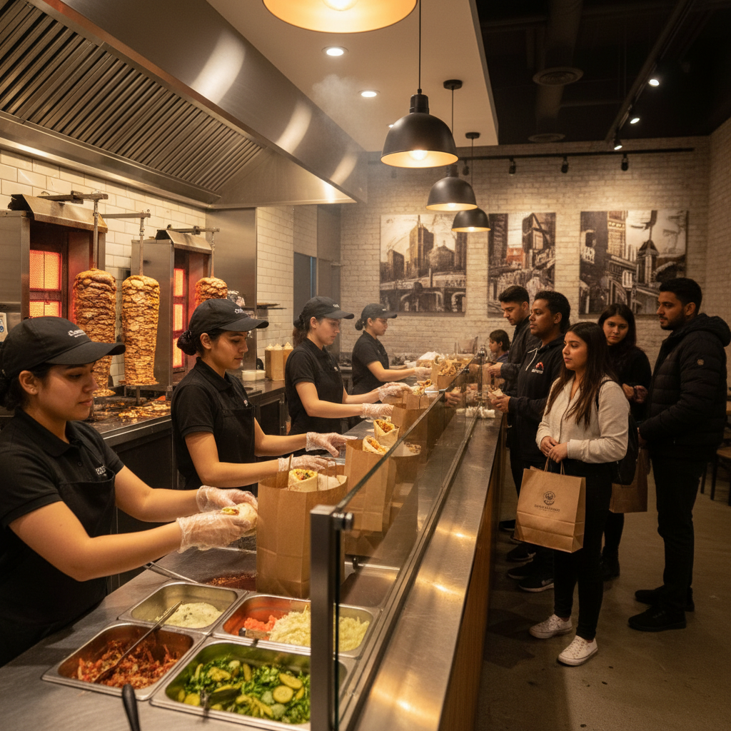 Wide view of a busy shawarma takeout counter in Toronto with hot vertical rotisserie and staff handing over pickup bags