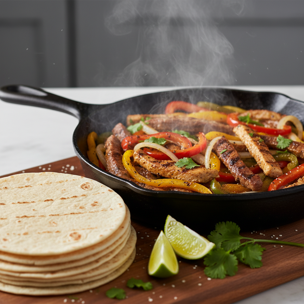 Close-up of sizzling fajitas and tortillas showcasing Mexican grill flavors ideal for family meals