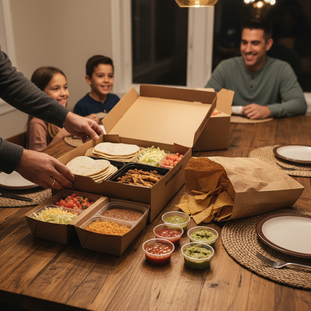 Family taco takeout set on a home table, perfect for an easy Mexican grill dinner for families