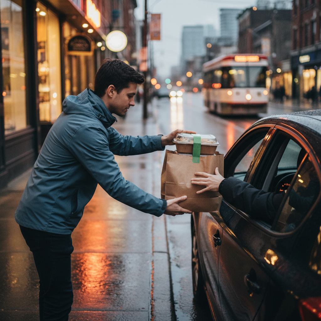 Curbside handoff of a takeout bag for shawarma pickup orders in Toronto at dusk