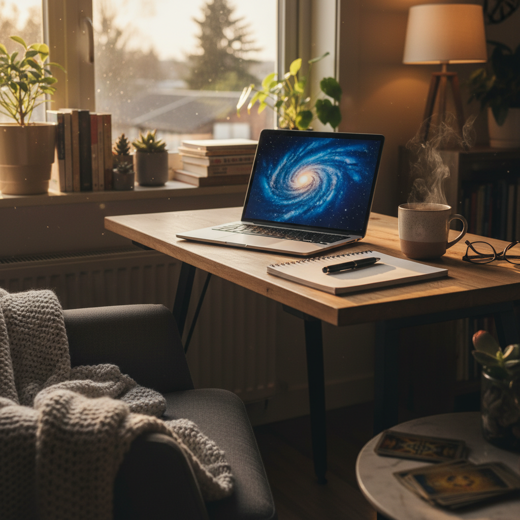 Remote astrology consultation setup showing a calm home office scene for an online reading