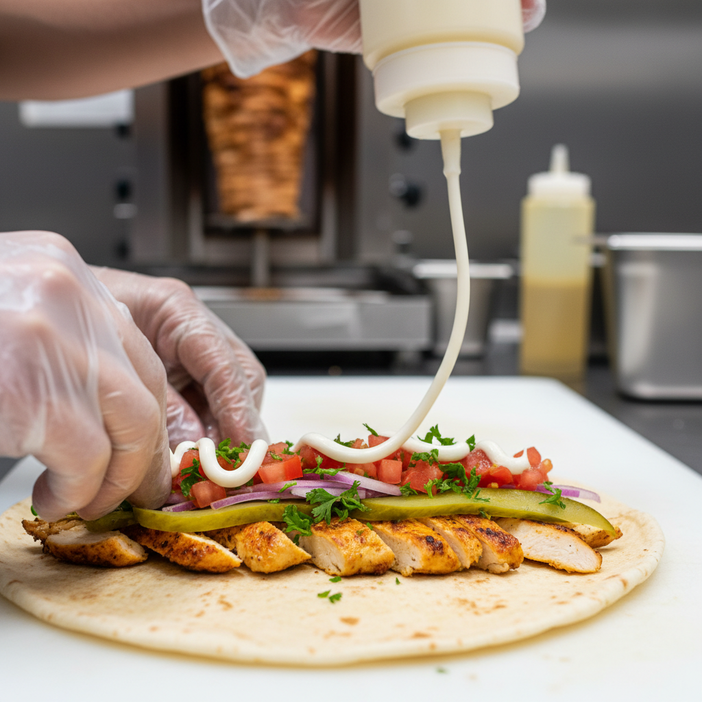 Close-up of a shawarma wrap being assembled with chicken, vegetables, and garlic sauce for Toronto pickup orders