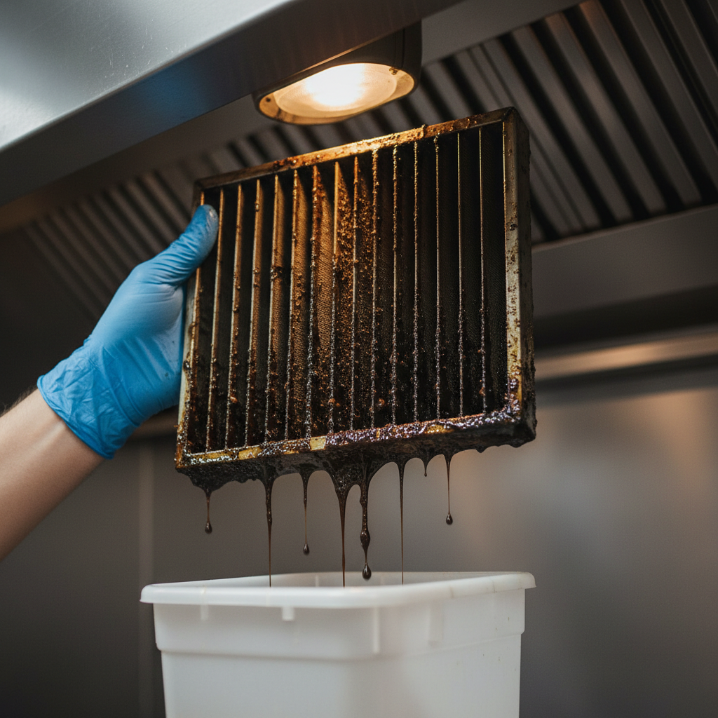 Close-up of a greasy baffle filter from a dirty kitchen exhaust fan being removed for cleaning