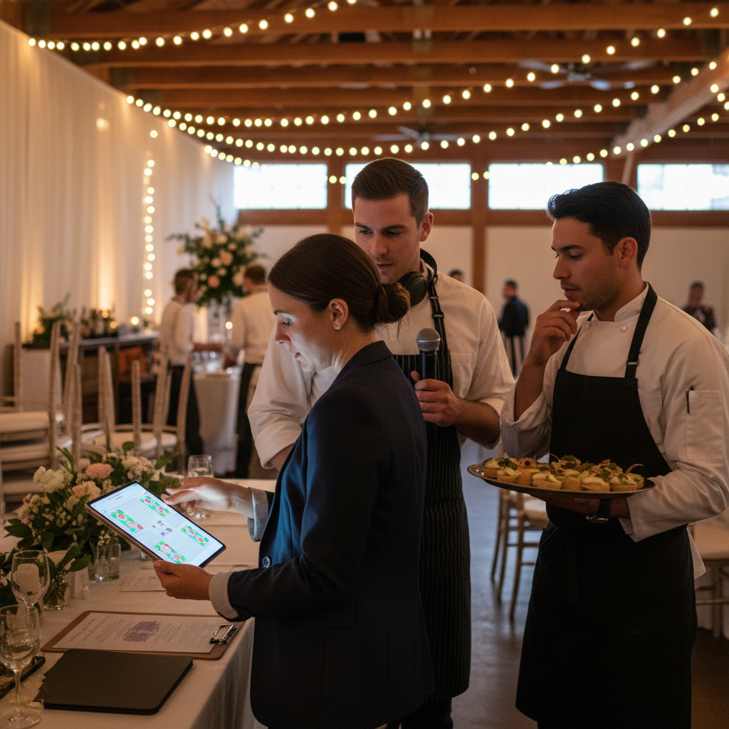 Wedding coordinator reviewing a reception floor plan with DJ and caterer to align cues and service timing