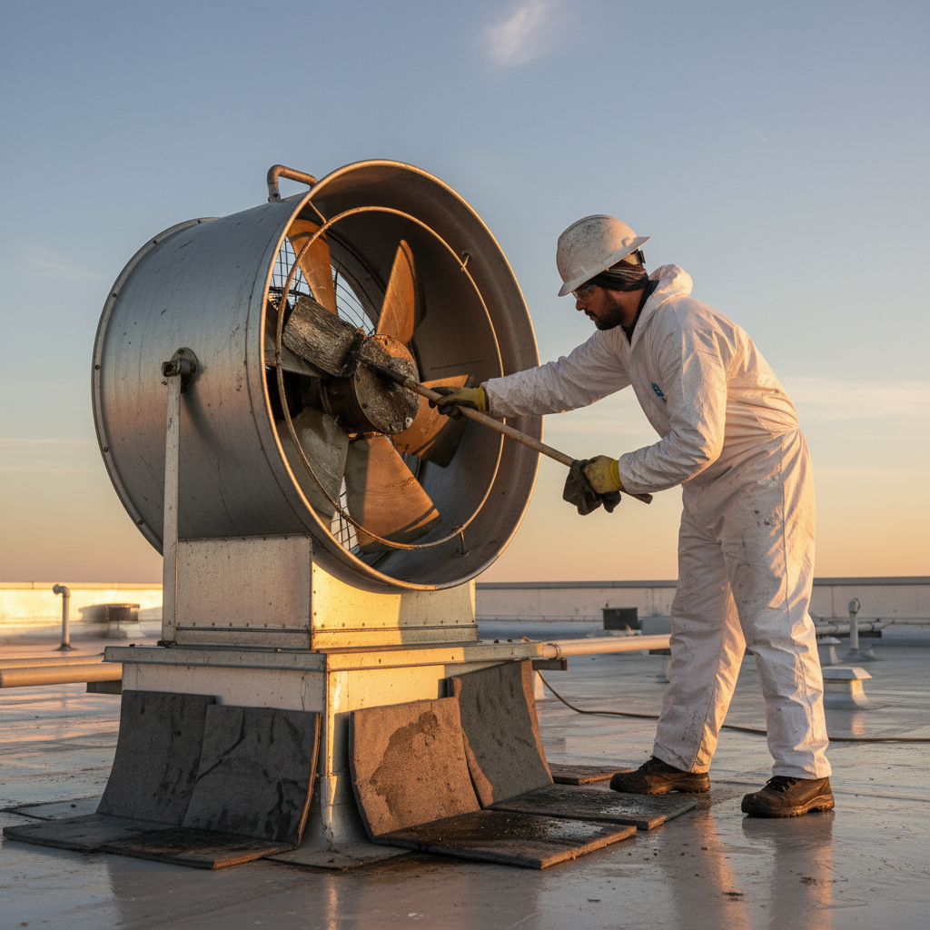 Technician cleaning an upblast rooftop fan opened on a hinge, addressing dirty kitchen exhaust fan grease at the source