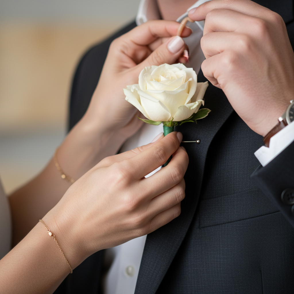 Close-up of wedding coordinator pinning boutonniere and checking discreet earpiece for a day-of run sheet
