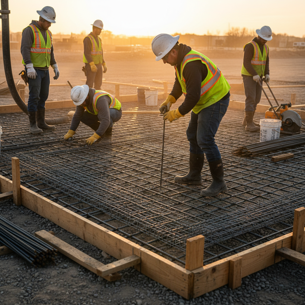 Crew tying a reinforcing bar grid with welded wire mesh integrated for a slab pour, following best practices