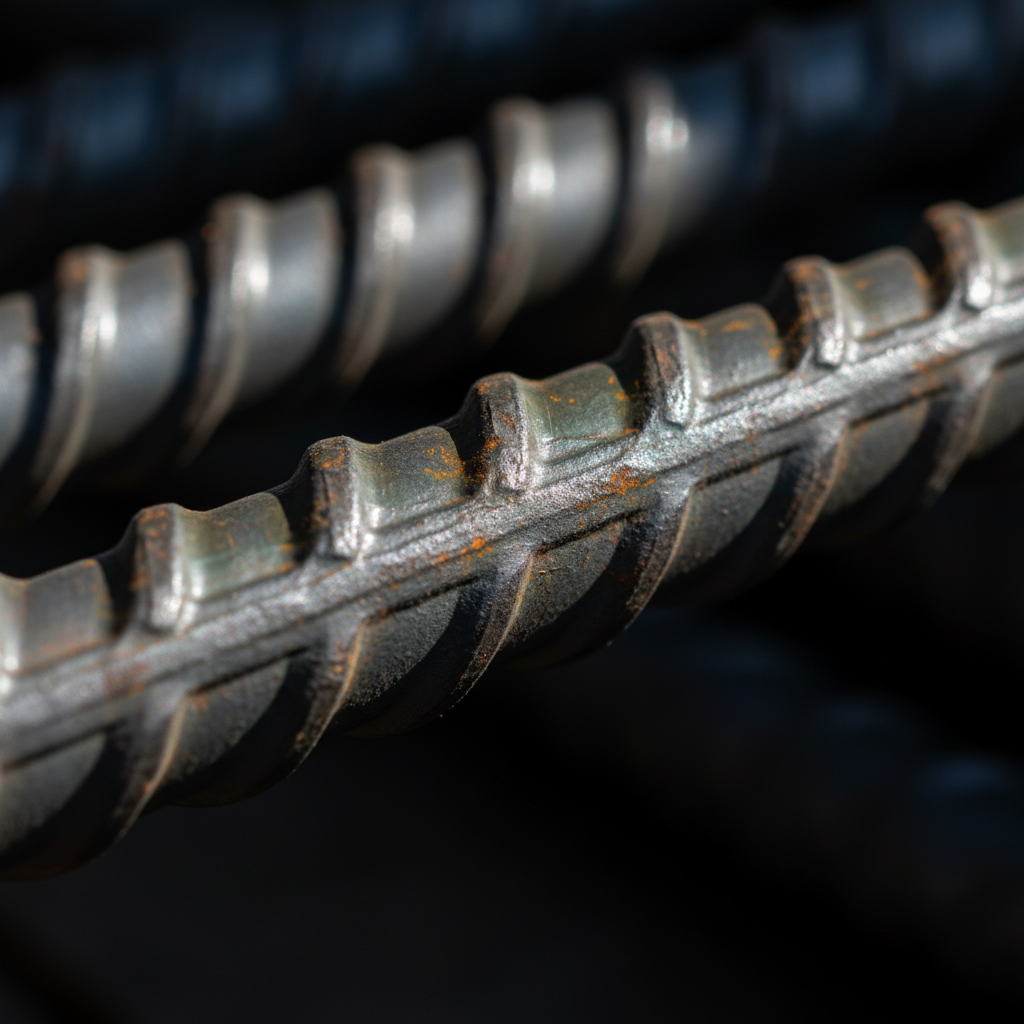 Close-up of ribbed reinforcing bar surface showing deformations for bond in concrete