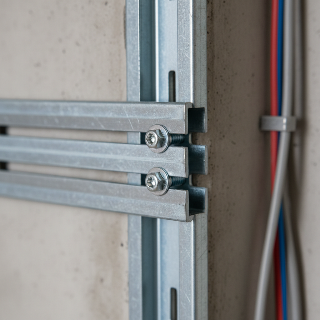 Close-up of slotted deflection track and steel stud connection for code-compliant deflection detailing