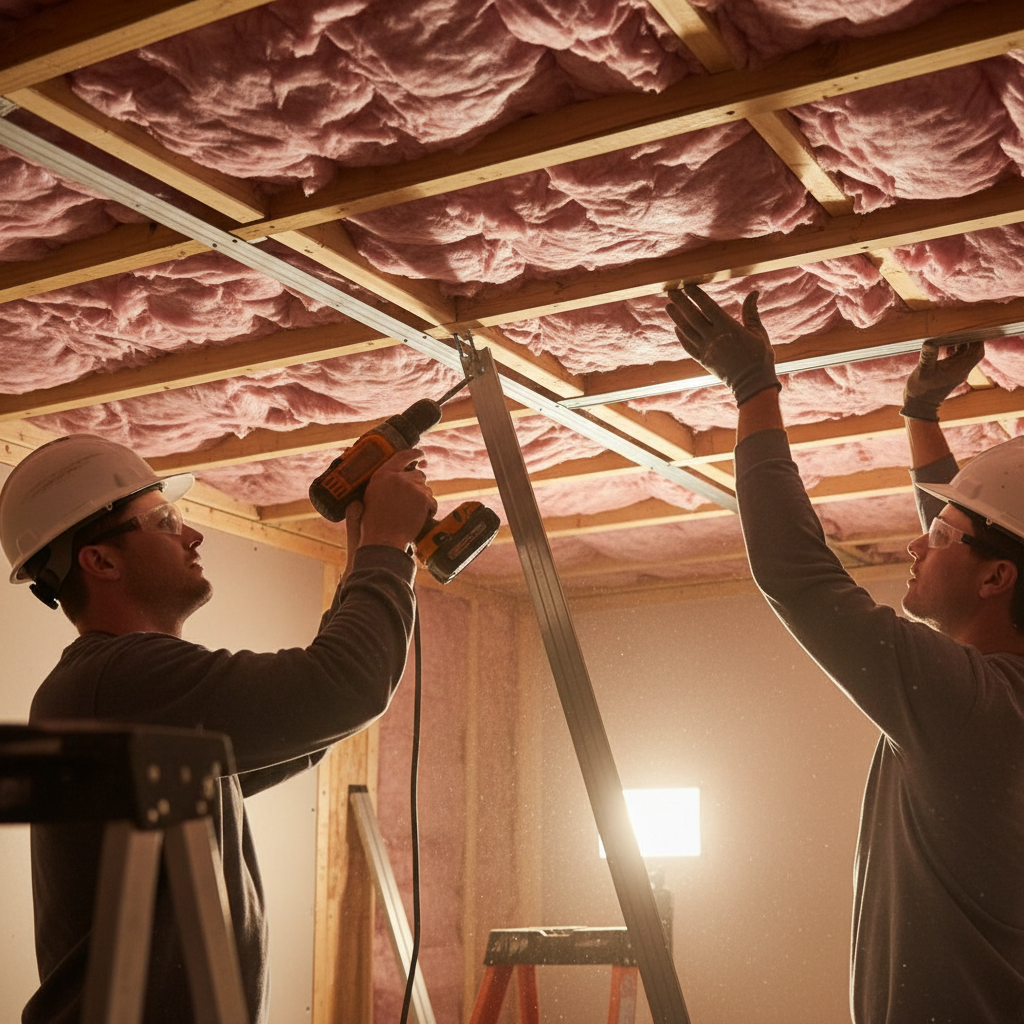 Installers fastening resilient channel to ceiling framing to boost acoustic performance in steel stud wall systems