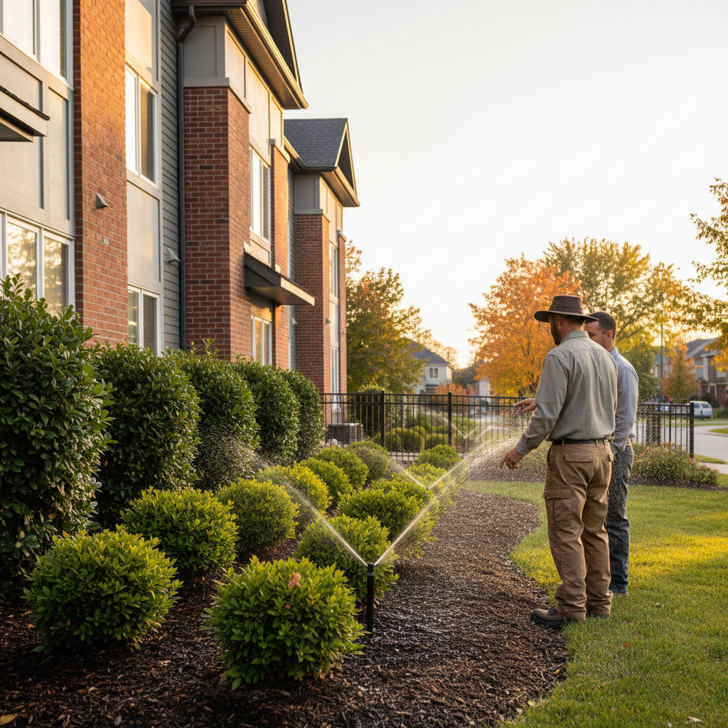 Property manager walking a Mississauga site with a landscaper, reviewing hedges, mulched beds, and irrigation testing during a late-afternoon inspection
