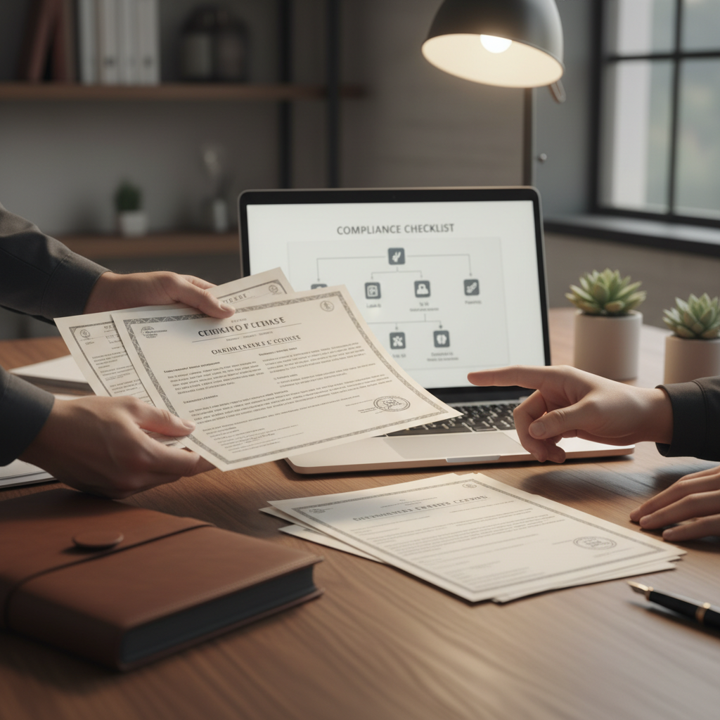 Close-up detail of cross-provincial compliance paperwork, permits, and a laptop checklist organized for multi-province operations