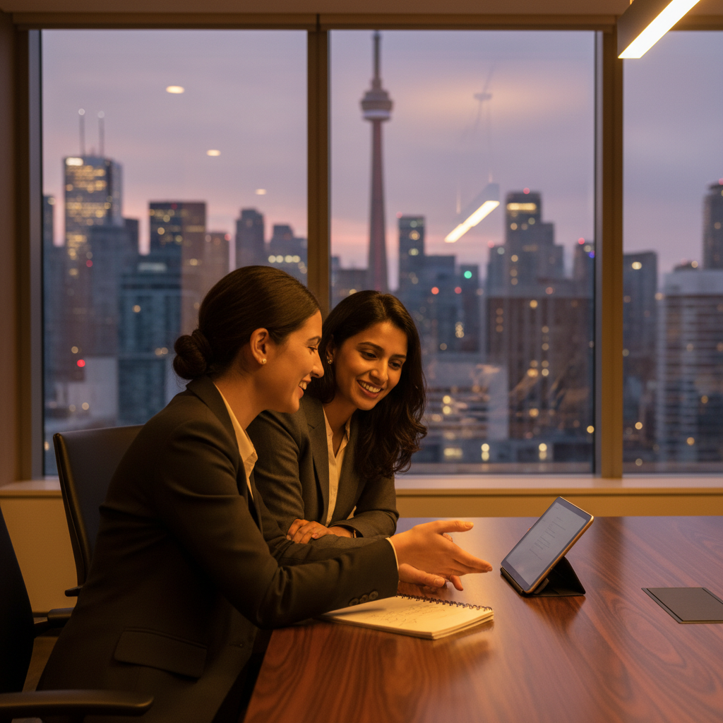 Advisor meeting with entrepreneurs in Toronto planning cross-provincial compliance steps and procurement readiness