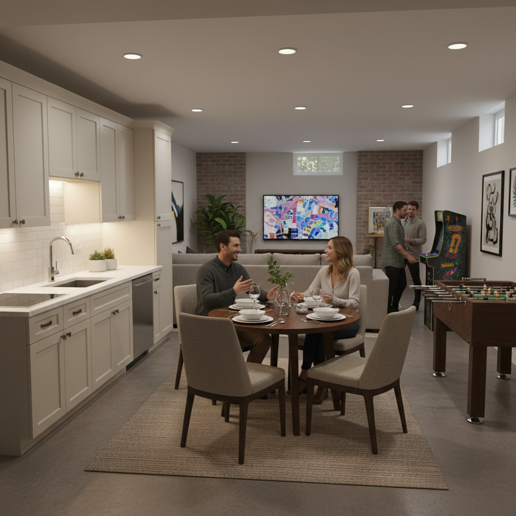 Basement Remodel: Know What Costs the Most in 2026 2 Modern basement kitchenette with shaker cabinets, quartz countertop, tile backsplash, and game area designed during a professional basement remodel