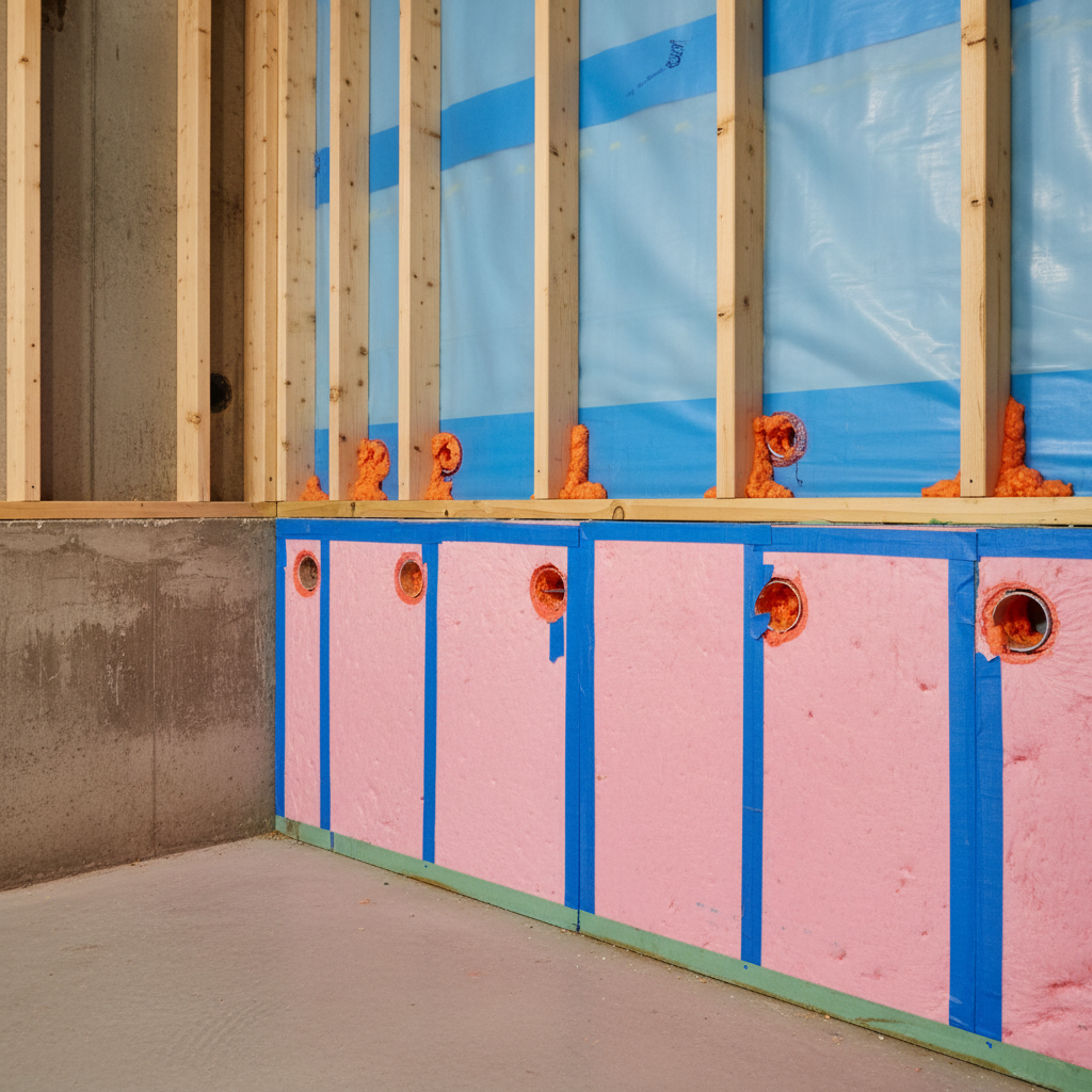 Basement Remodel: Know What Costs the Most in 2026 1 Basement remodel wall assembly detail showing foam insulation, framing, vapor barrier, and sealed penetrations for a dry, energy-efficient finished basement