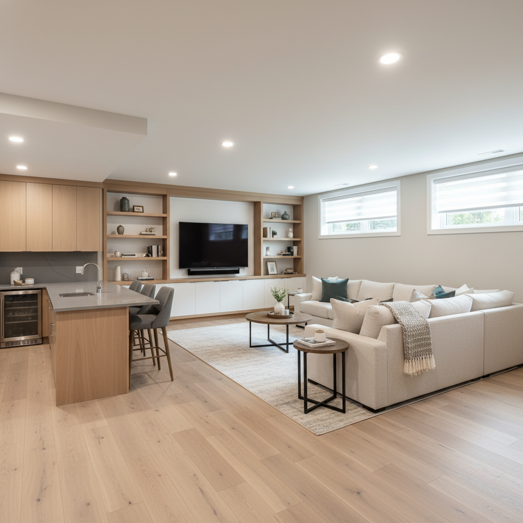 Basement Remodel: Know What Costs the Most in 2026 3 Finished basement family room with media wall, sectional, and wet bar showcasing a complete basement remodel outcome