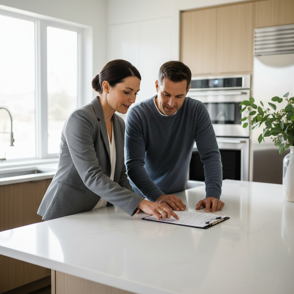 Realtor and Oakville homeowners reviewing a printed home selling checklist in a bright kitchen before listing