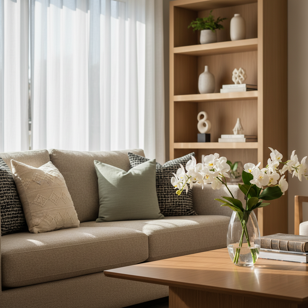 Staged Oakville living room with neutral decor and bright natural light for home selling checklist