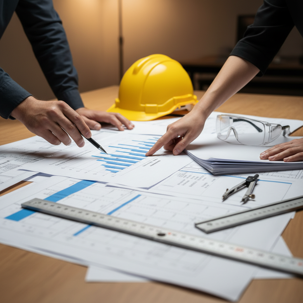 Close-up of EPCM planning: engineering drawings, procurement schedules, and safety gear for Texas construction management