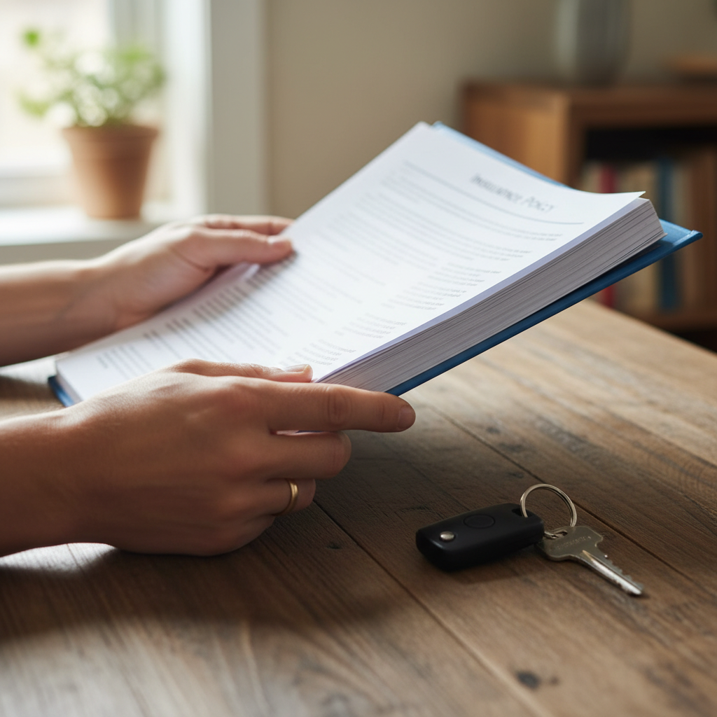Condo insurance prices planning with hands reviewing policy, keys and fob on table for Whitby condo owners