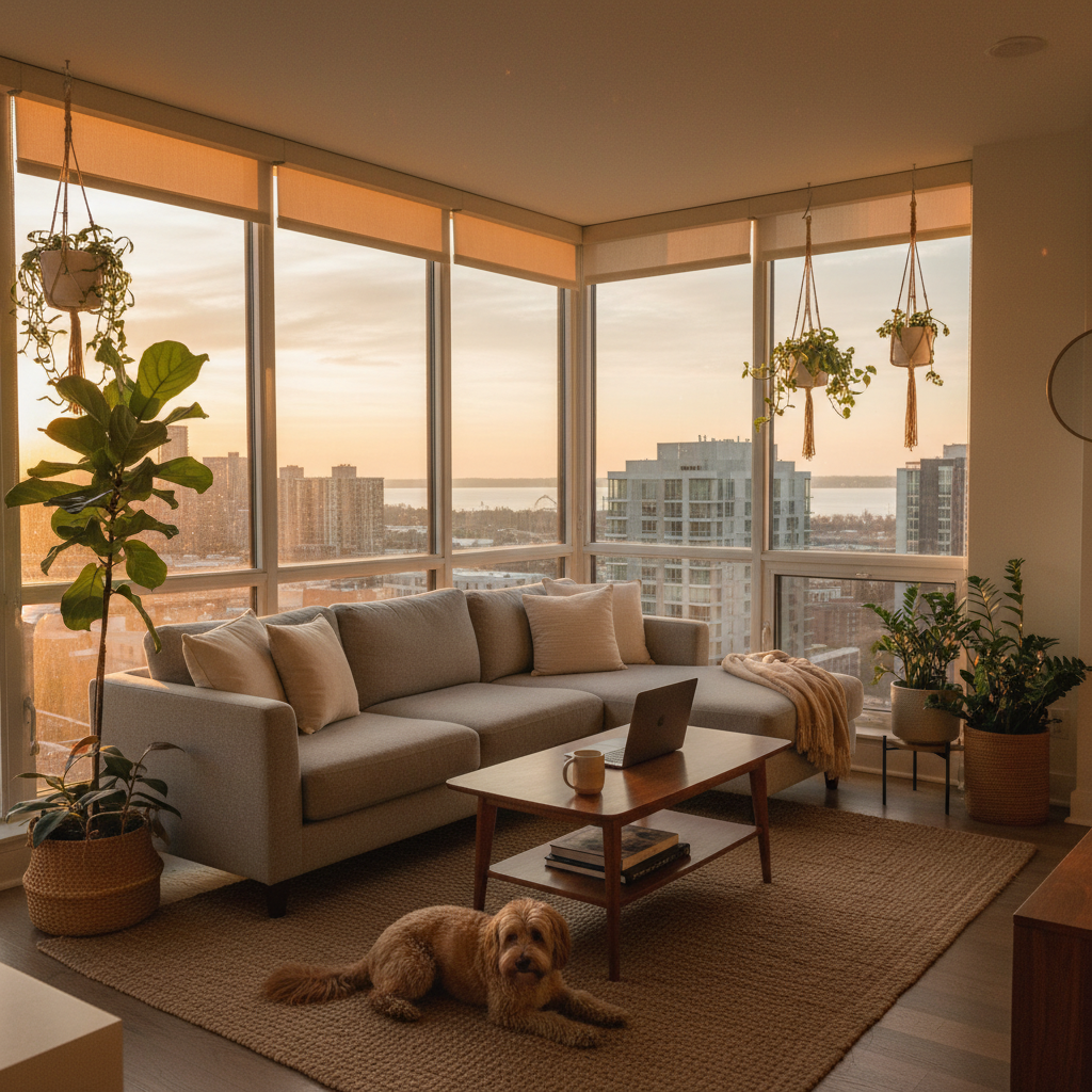 Bright Whitby condo living room where owner considers condo insurance prices and coverage options