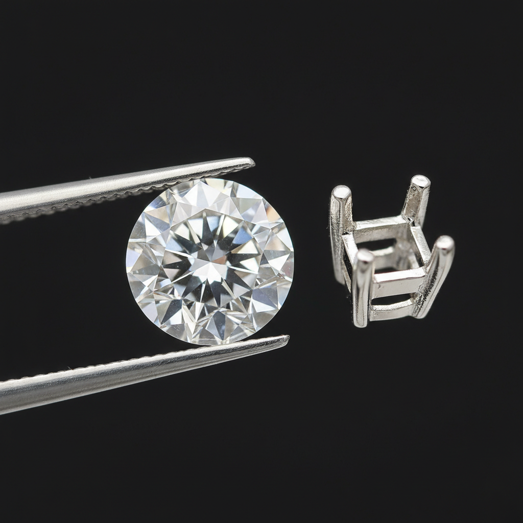 Macro close-up of a lab-grown diamond beside a 14k white gold prong setting, illustrating cut quality and visible sparkle for luxury without retail markup