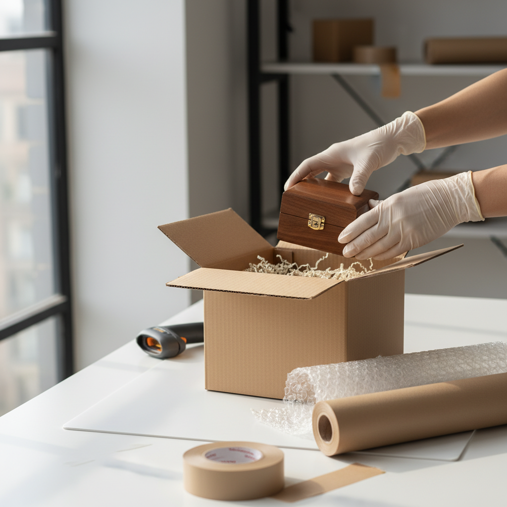 E-commerce fulfillment scene with gloved hands placing a jewelry box into an eco-friendly carton, representing next-day shipping and careful packaging