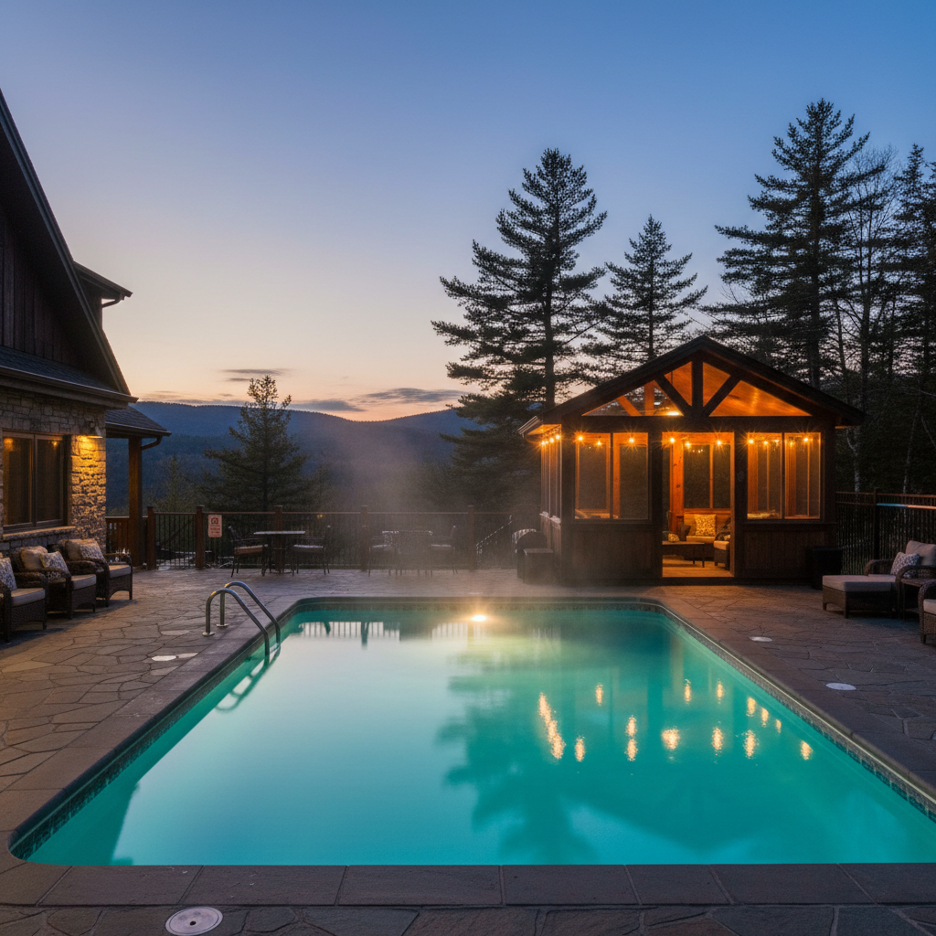 Outdoor heated pool at a North Conway lodge-style motel with enclosed porch seating and steam rising—relaxing amenity that enhances lodge rooms