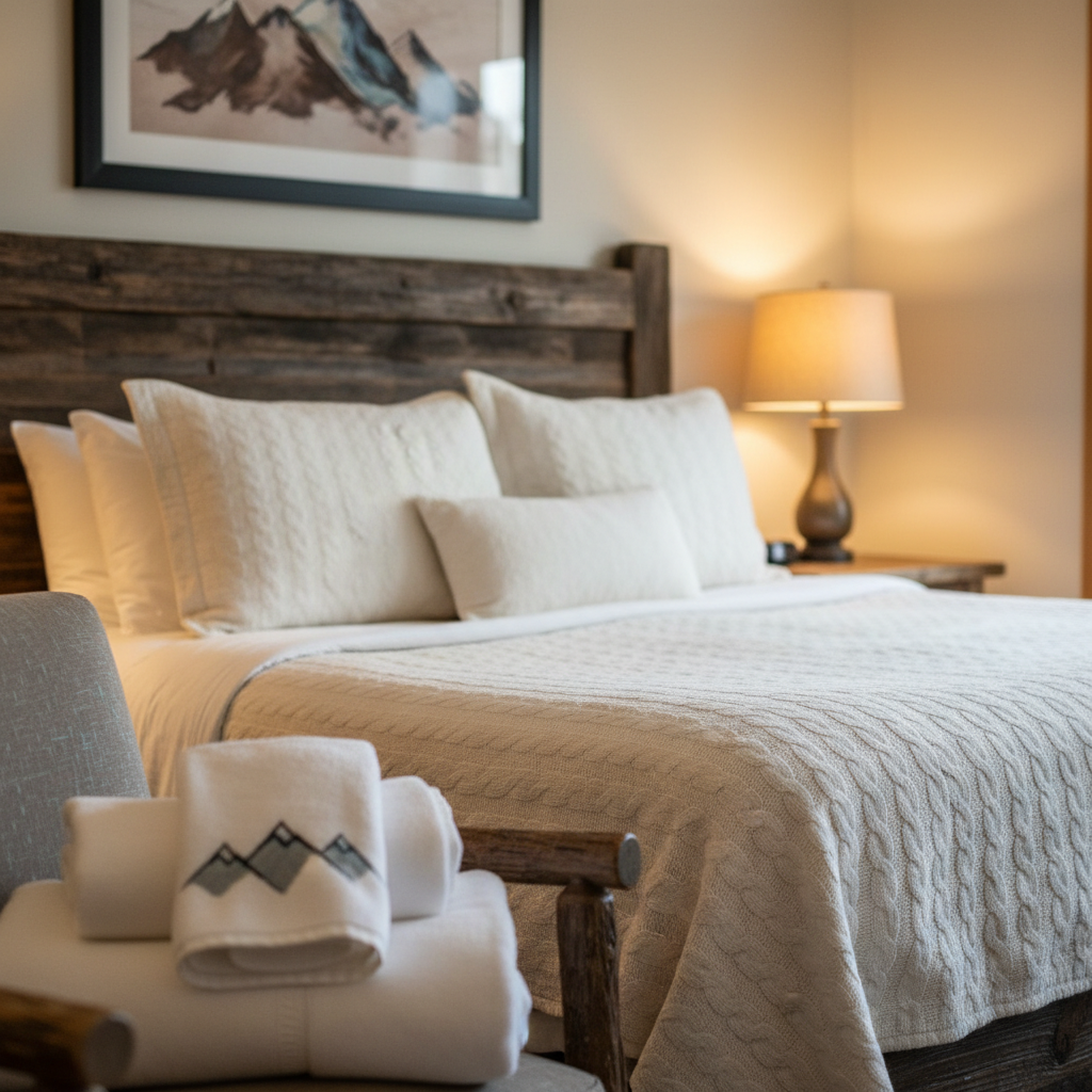 Close-up of lodge room amenities in North Conway: plush bedding, warm bedside lamp, wooden headboard, folded towels—sleep-friendly details in lodge rooms